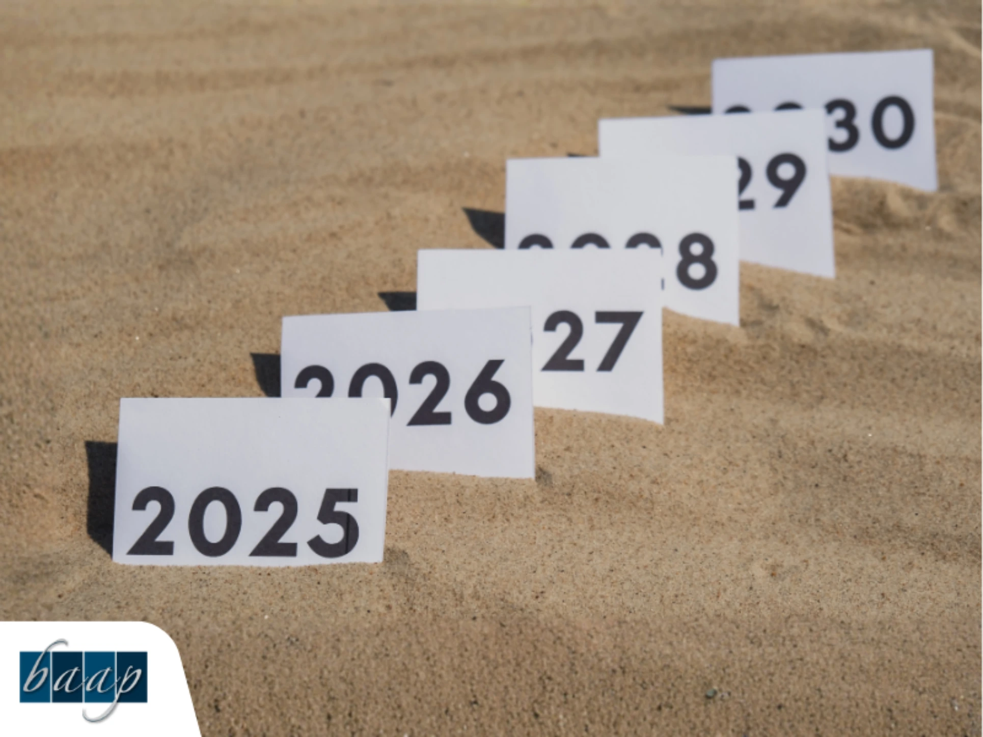Year cards from 2025 to 2030 lined up in sand representing multi-year planning